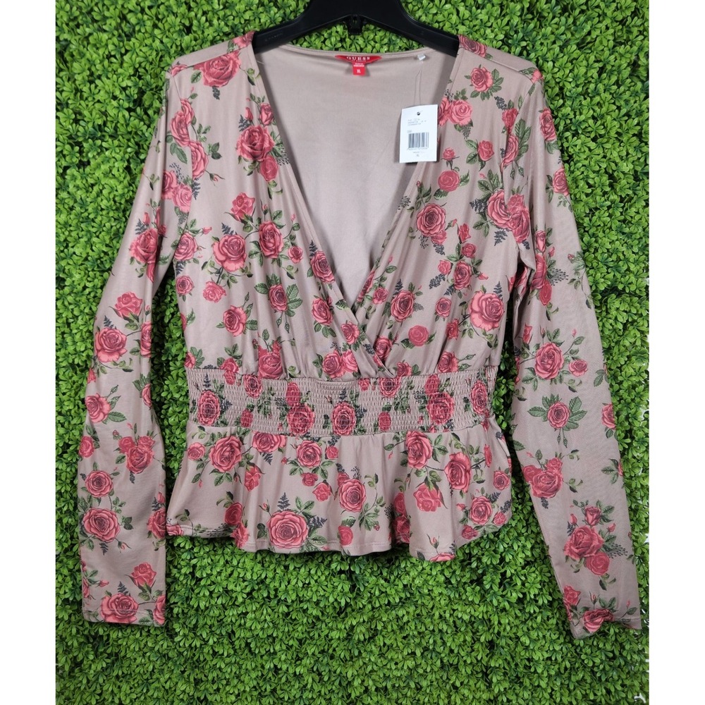 Guess Los Angeles Timeless Rose Floral Smocked Peplum Wrap Top XL Q4OP08K17Z0